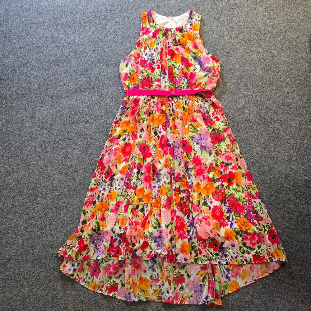 Dressbarn Dress Womens Size 14 Pink Floral A Line Sheer Midi Belted Sleeveless